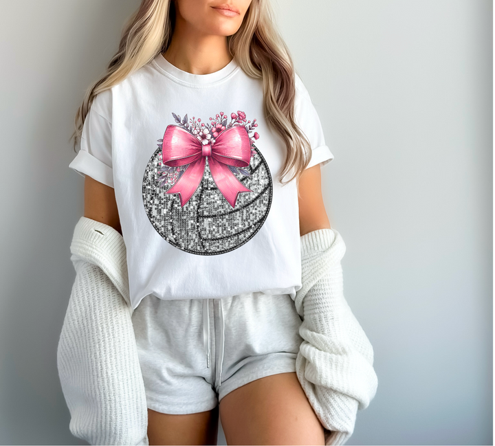 Faux Glitter Pink Bow and Flowers Sports DTF Print