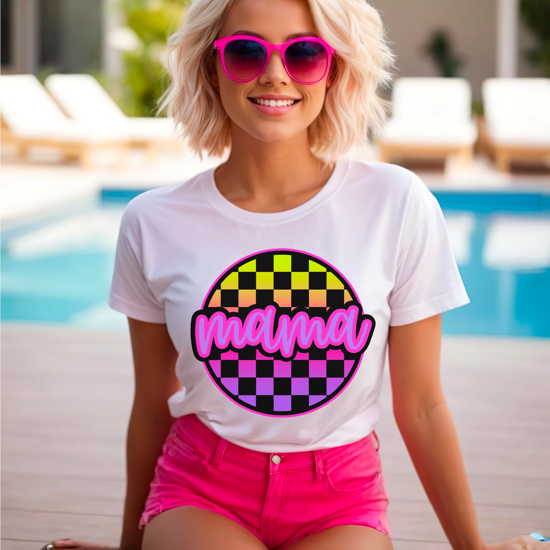 Mama Neon Checkered Circle DTF Print