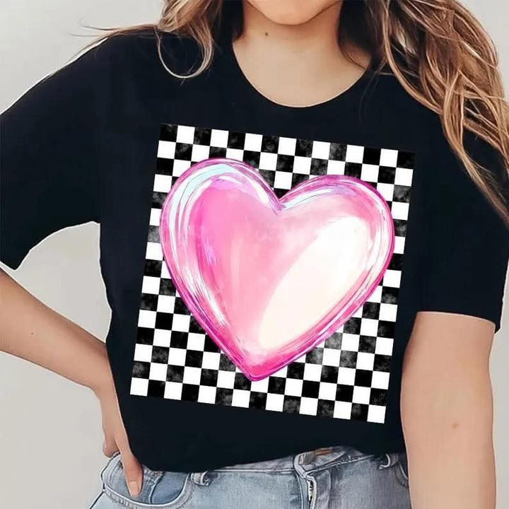 Checkered Print With Pink Heart DTF Print