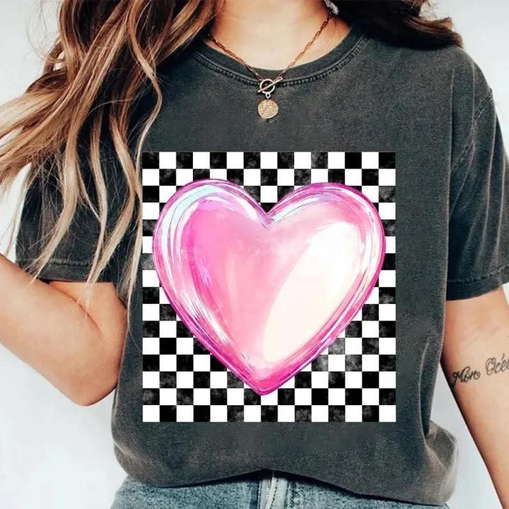 Checkered Print With Pink Heart DTF Print