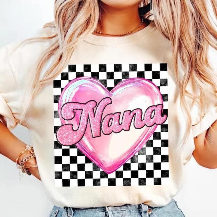 Checkered Print With Pink Heart Names DTF Print