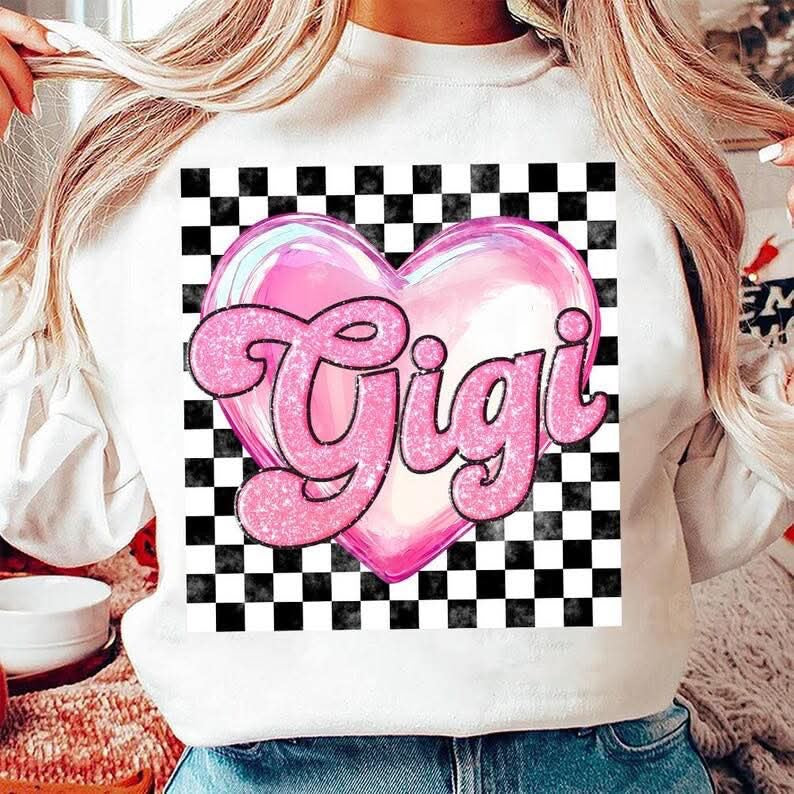 Checkered Print With Pink Heart Names DTF Print