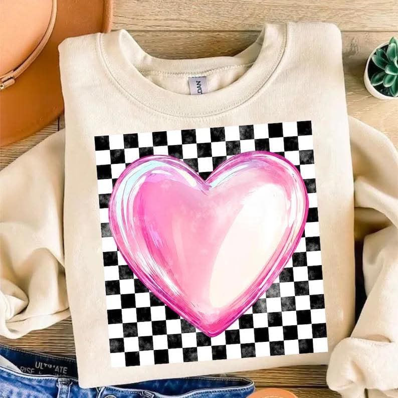 Checkered Print With Pink Heart DTF Print