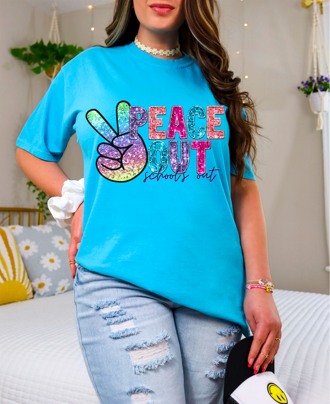 Peace Out School’s Out Faux Glitter DTF Print