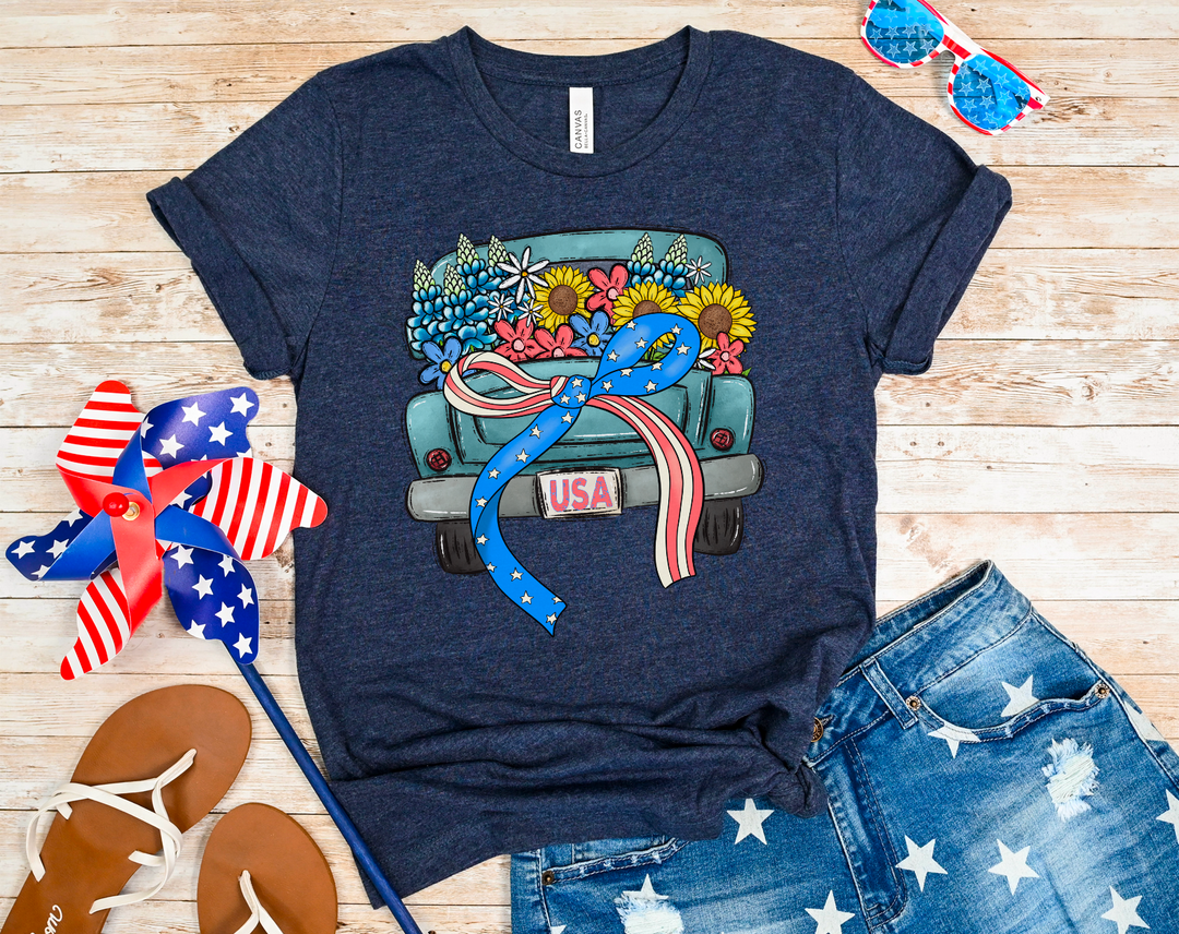 Patriotic Bow Truck With Flowers DTF Print