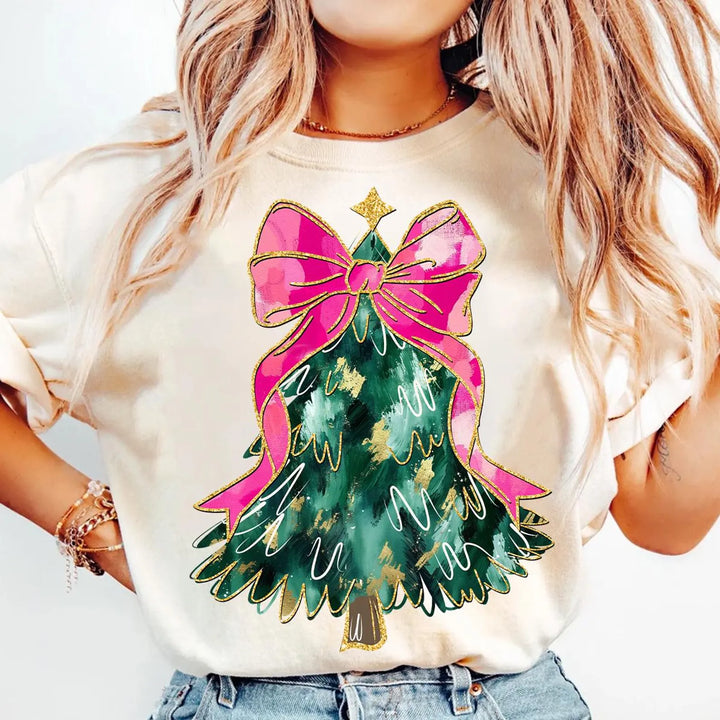 Christmas Tree With Pink Coquette Bow DTF Print