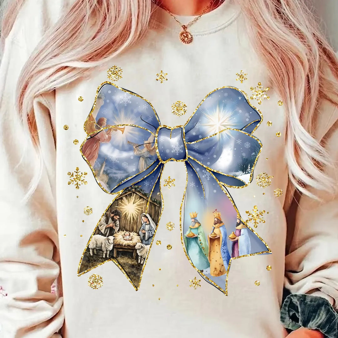 Blue Nativity Scene Bow DTF Print