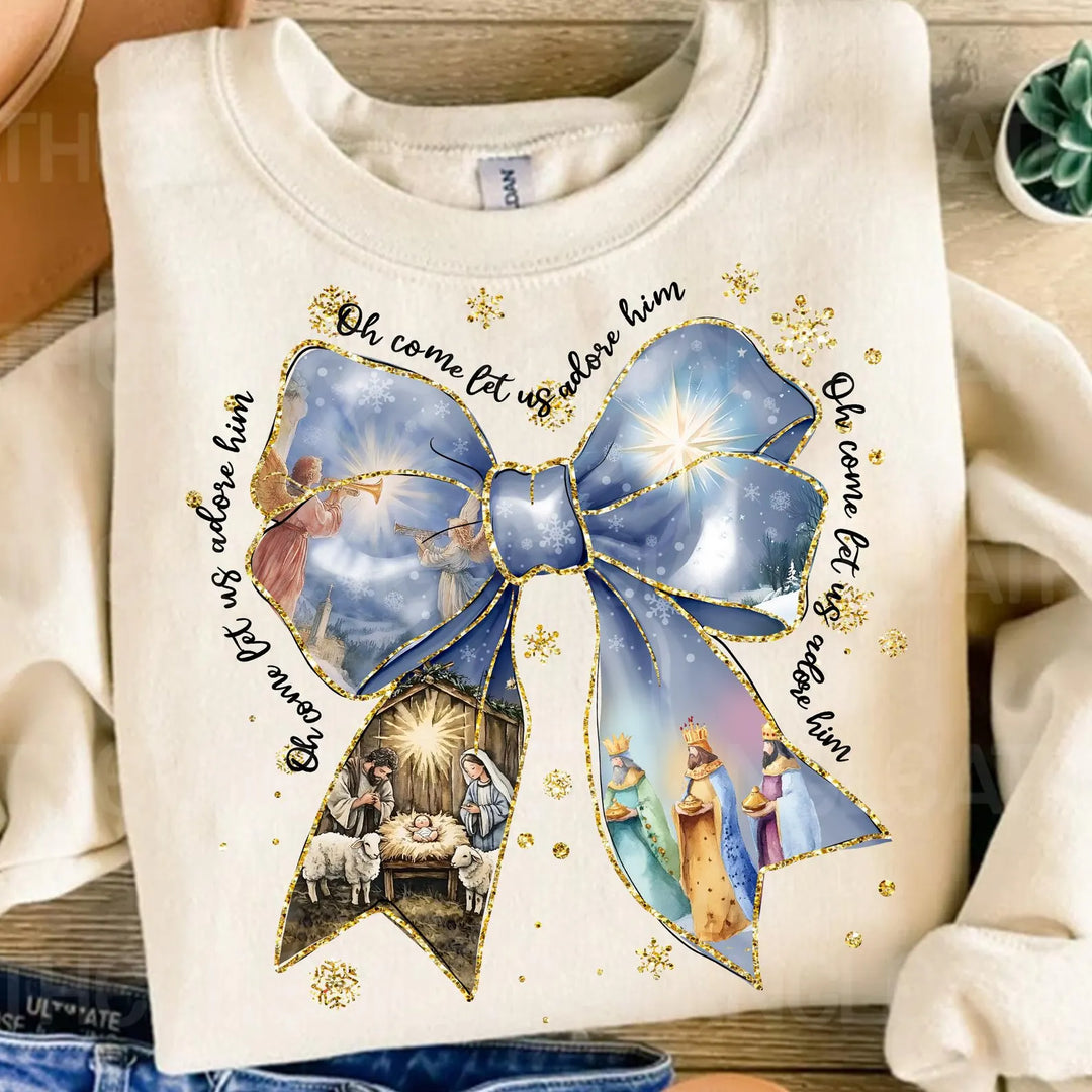 Blue Coquette Bow Christmas Scene GILDAN SAND Sweatshirt