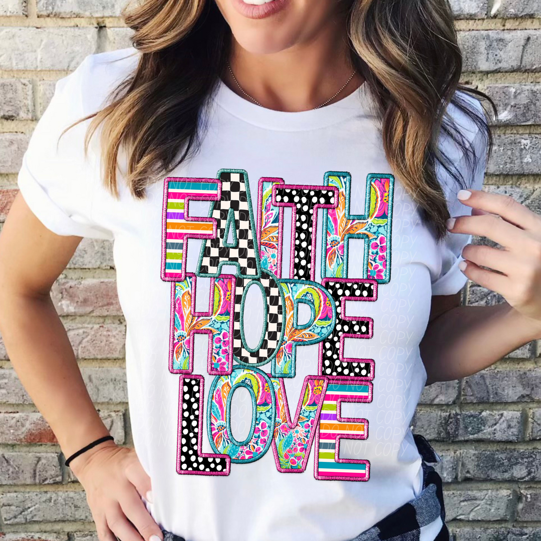 Bright Faux Embroidery Faith Hope Love DTF Print