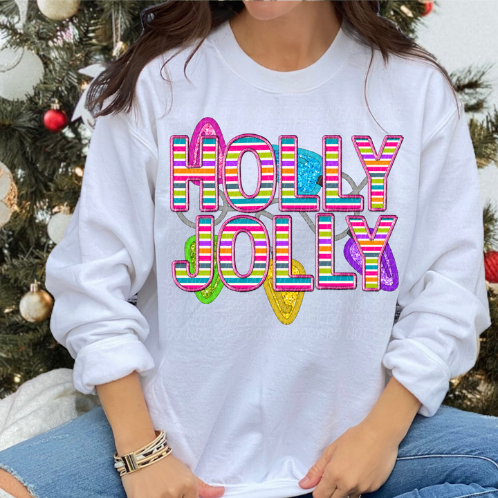 Holly Jolly Lights Faux Embroidery DTF Print