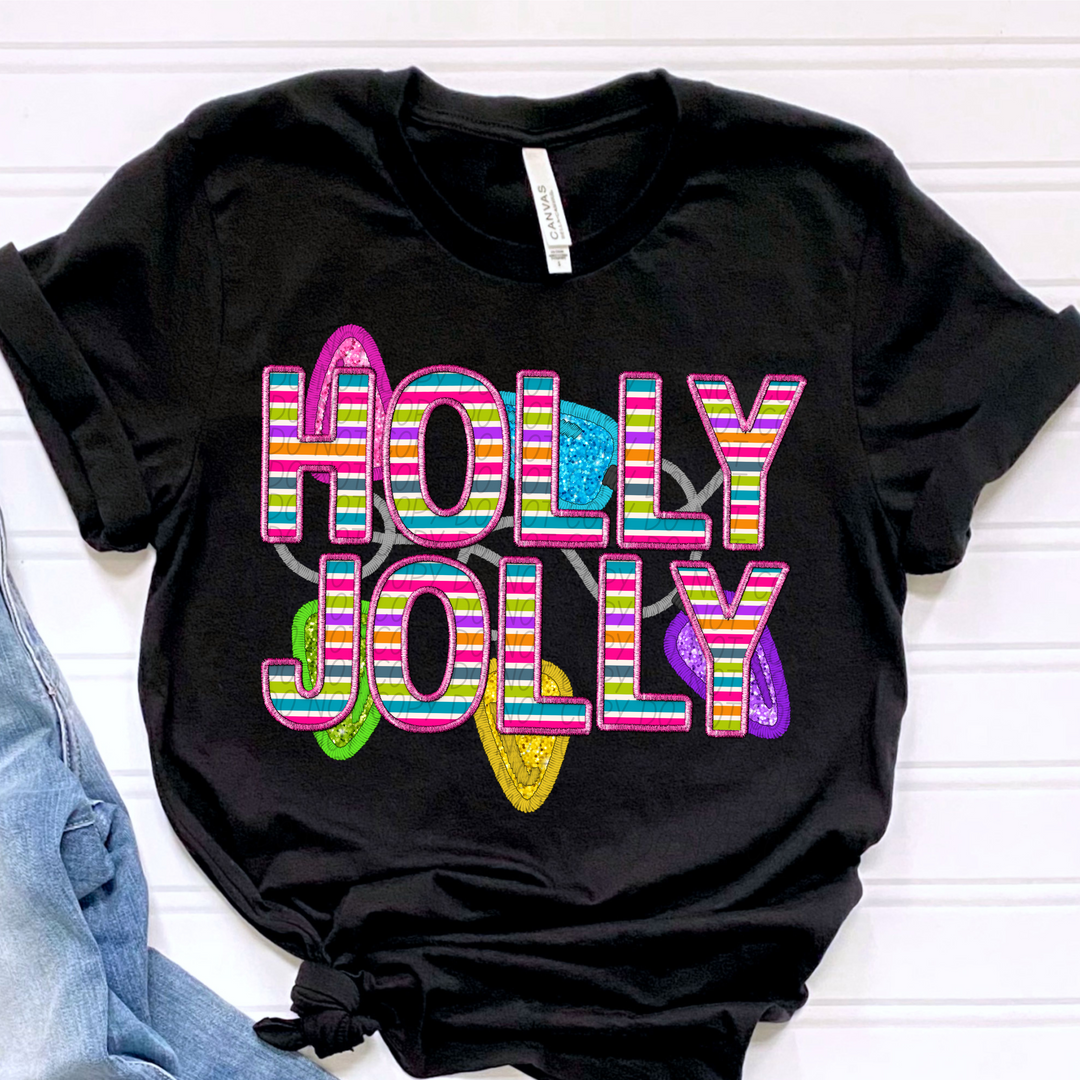 Holly Jolly Lights Faux Embroidery DTF Print