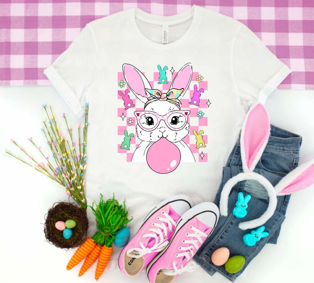 Bunny With Bubblegum And Checkered Background DTF Print