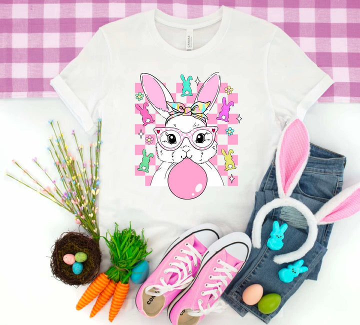 Bunny With Bubblegum And Checkered Background DTF Print
