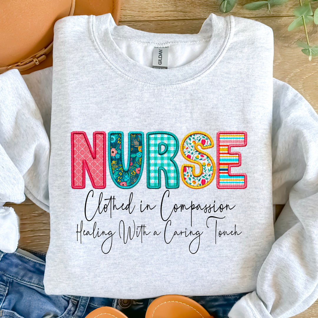 Nurse Clothed In Compassion Faux Embroidered DTF Print