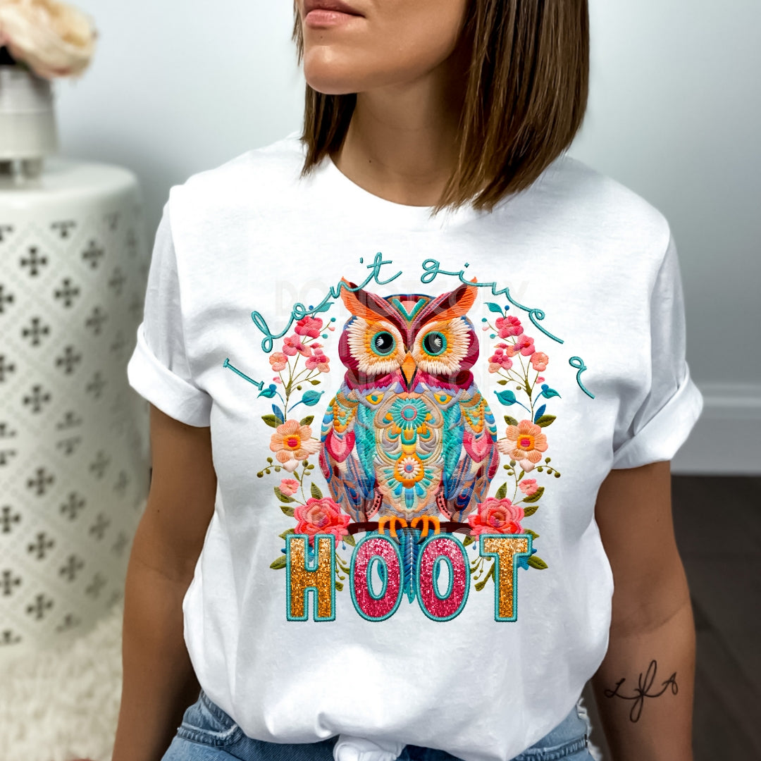 I Don't Give a Hoot Faux Embroidery DTF Print