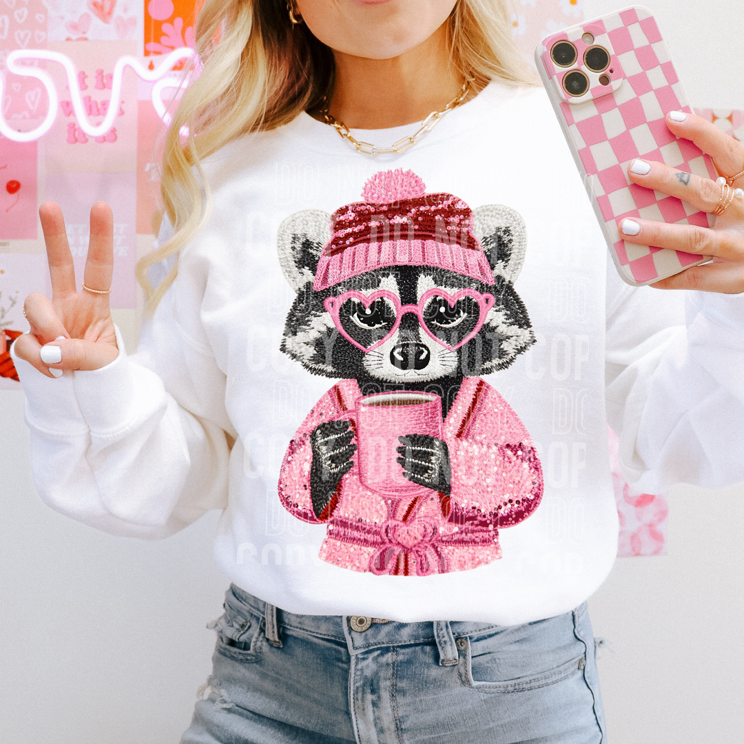 Raccoon Valentines Day Faux Sequin Embroidery DTF Print