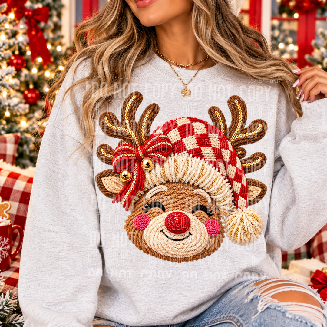 Reindeer Face Faux Embroidery Christmas DTF Print