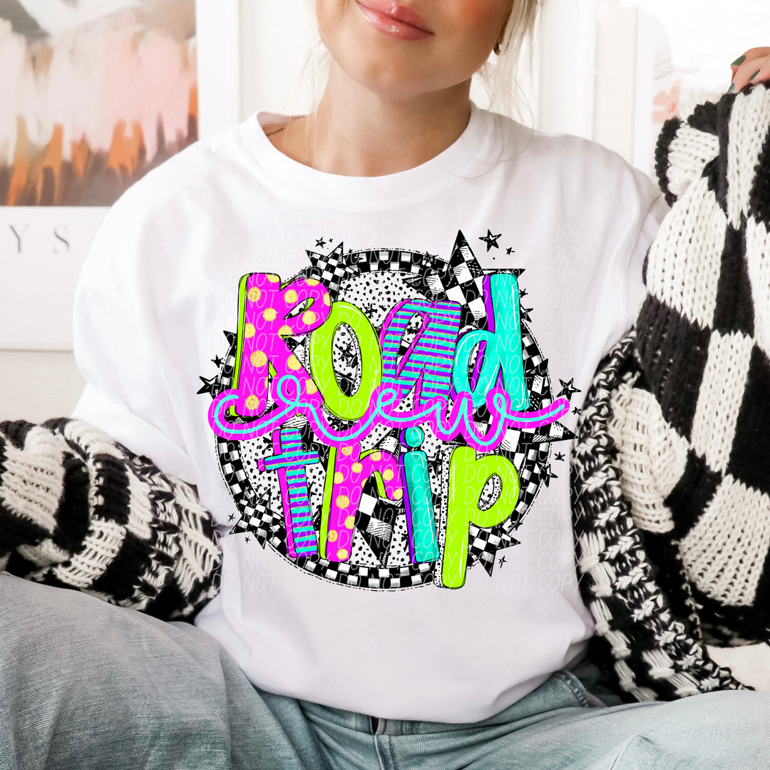 Road Trip Neon Checker DTF Print