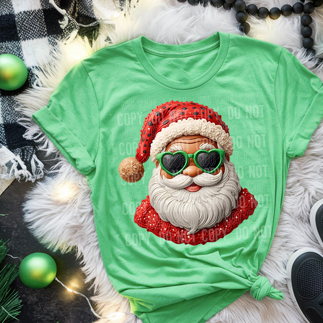 Santa Green Heart Glasses Faux Detailed DTF Print