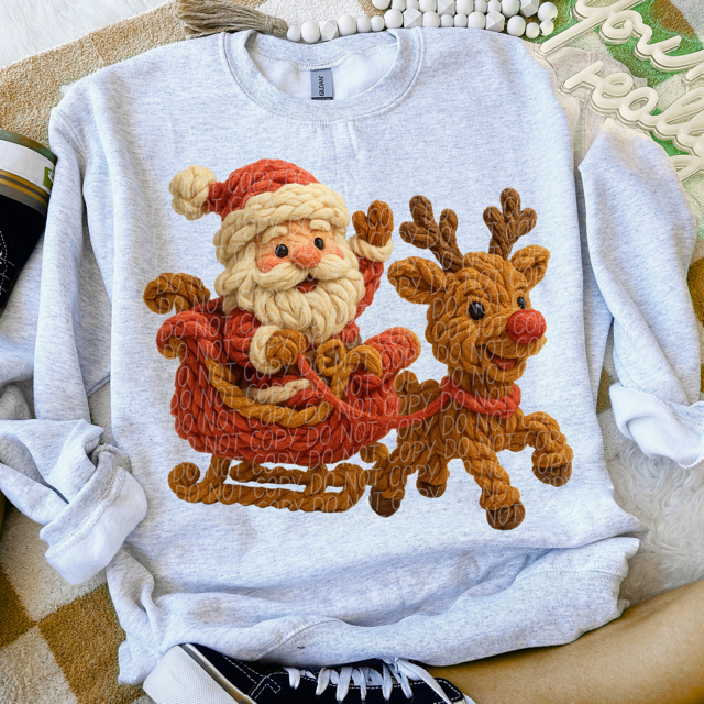 Faux Yarn Santa and Reindeer Sleigh DTF Print