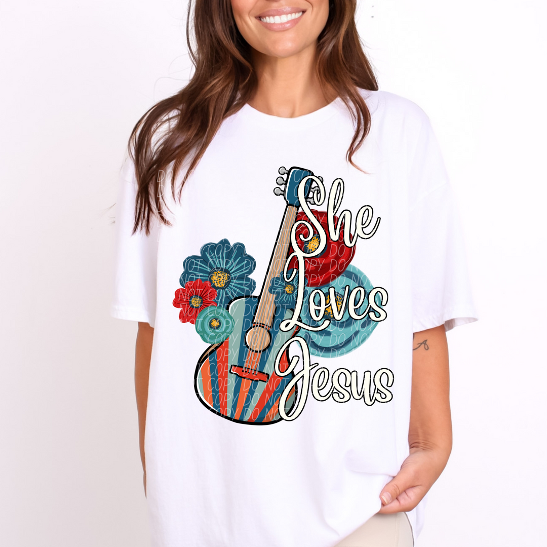 She Loves Jesus Patriotic Guitar DTF Print
