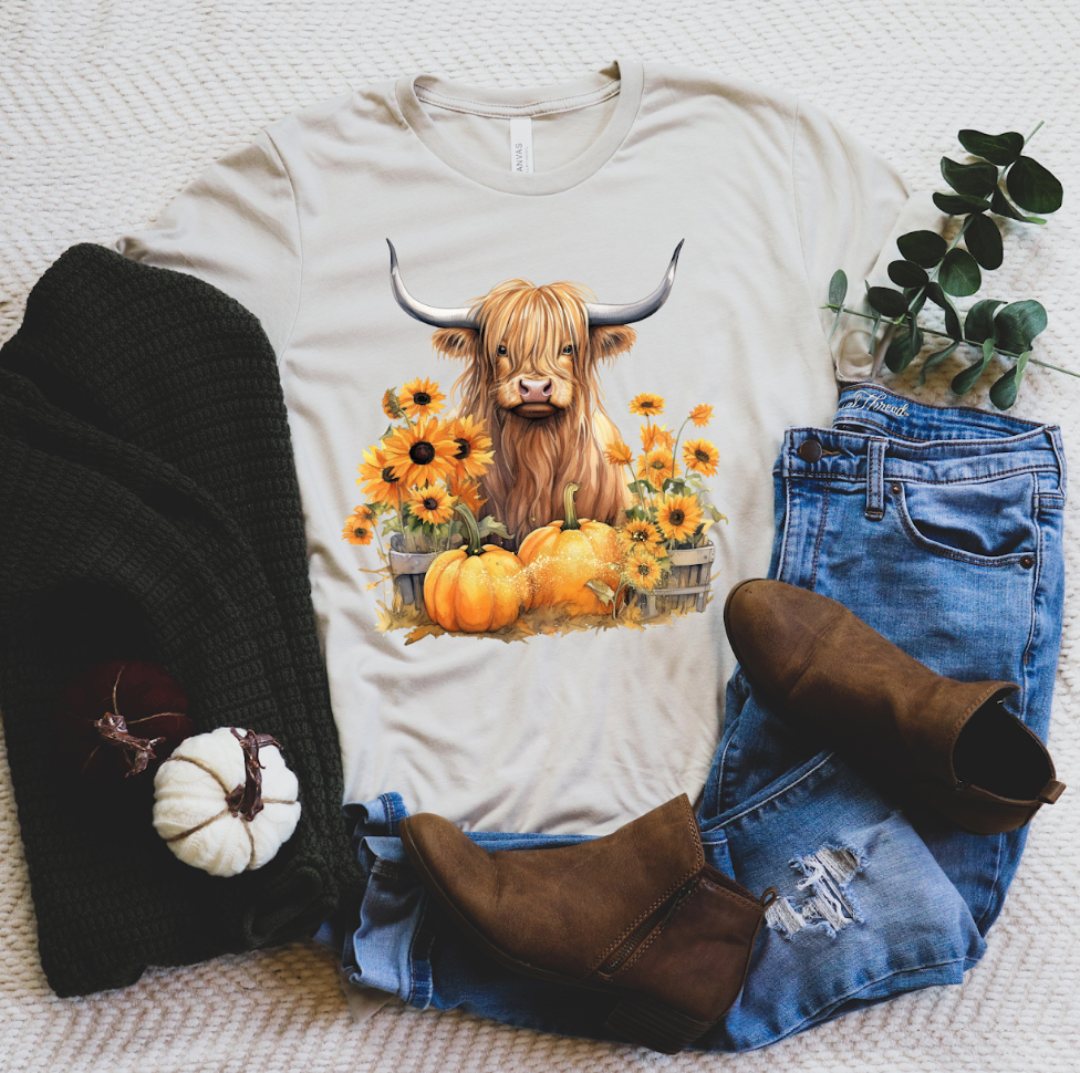 Pumpkin Sunflower Highlander Cow DTF Print