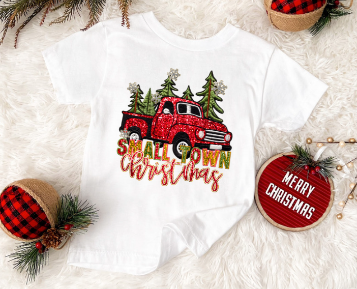 Small Town Christmas Faux Glitter DTF Print