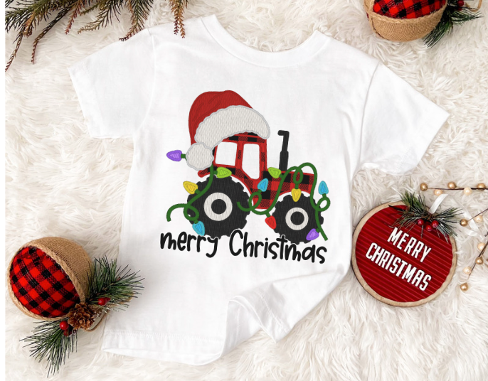 Merry Christmas Tractor Faux Embroidery DTF Print