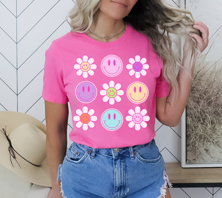 Smiley Flowers BELLA CANVAS HOT PINK Tee