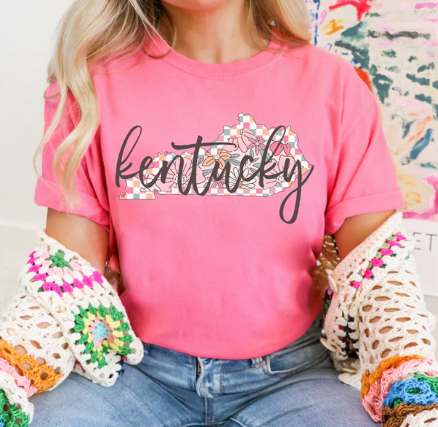 Checkered Floral Kentucky GILDAN PINK Printed Tee