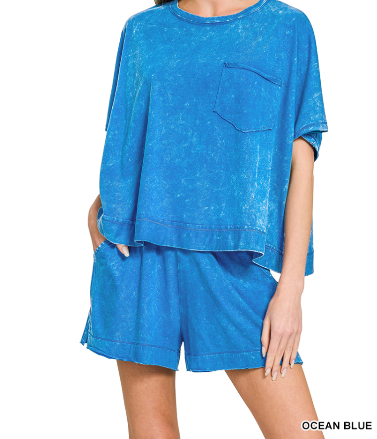 Zenana Acid Washed Top & Shorts Set