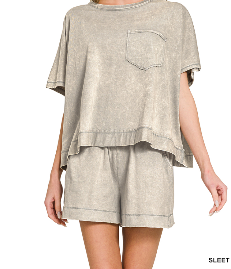 Zenana Acid Washed Top & Shorts Set