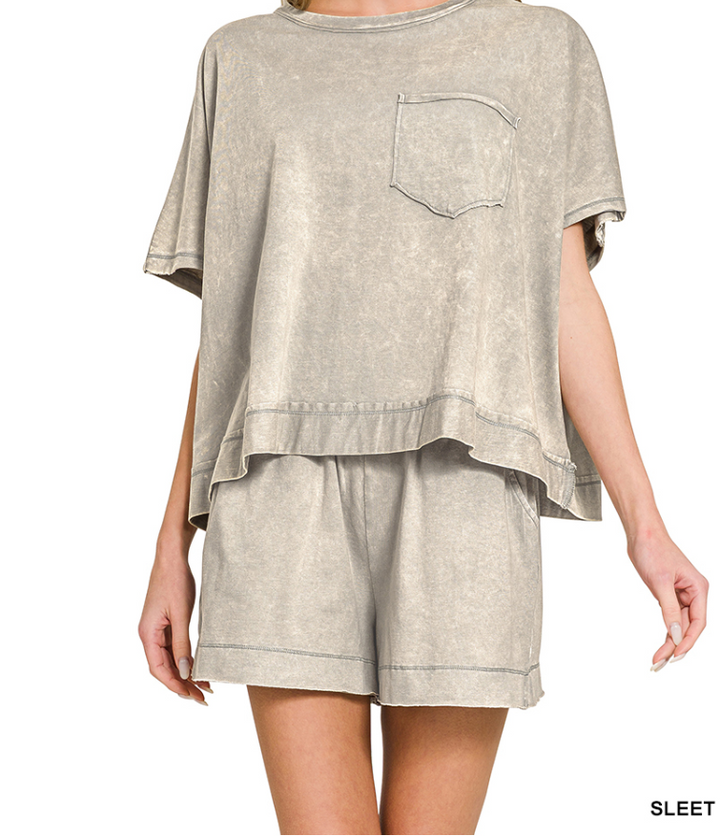 Zenana Acid Washed Top & Shorts Set
