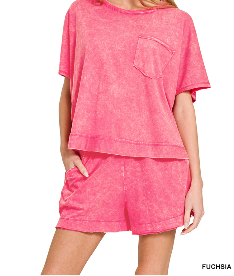 Zenana Acid Washed Top & Shorts Set