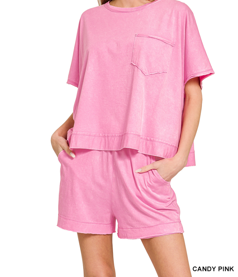 Zenana Acid Washed Top & Shorts Set
