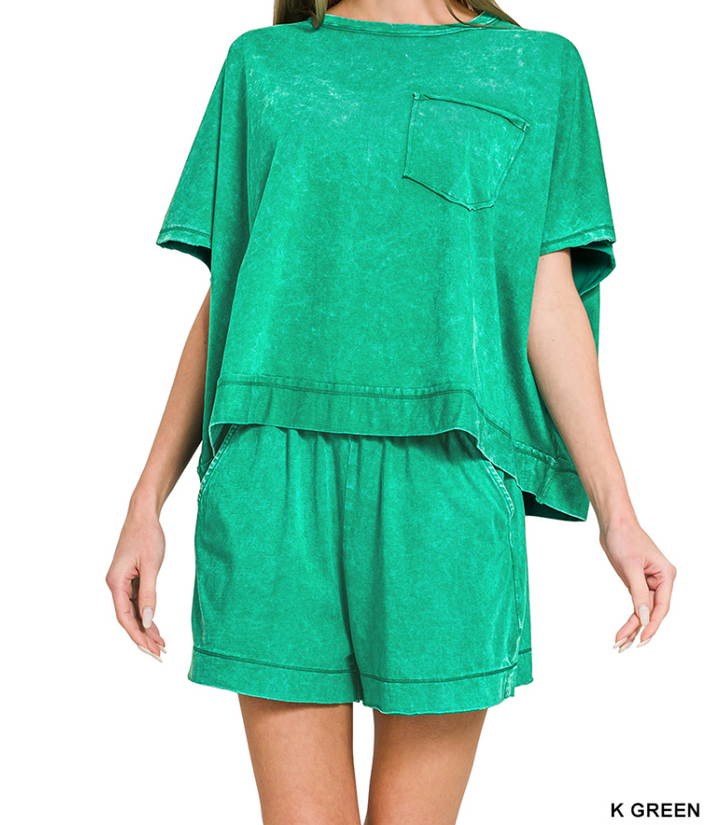 Zenana Acid Washed Top & Shorts Set