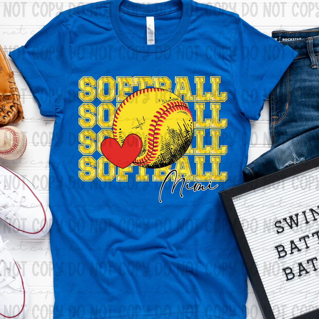 Softball Stacked Heart With Names DTF Print