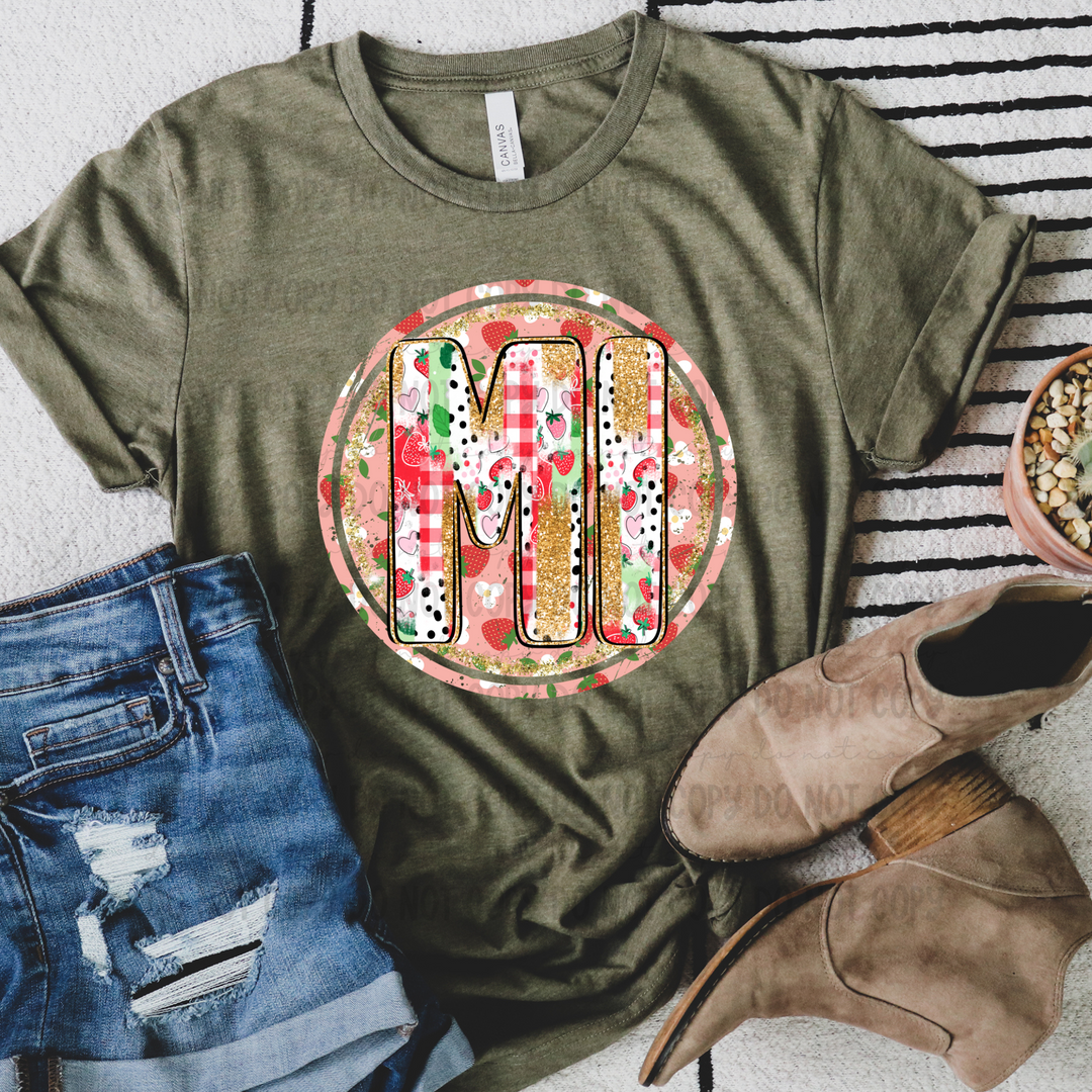 Strawberry Circle Gold States DTF Print