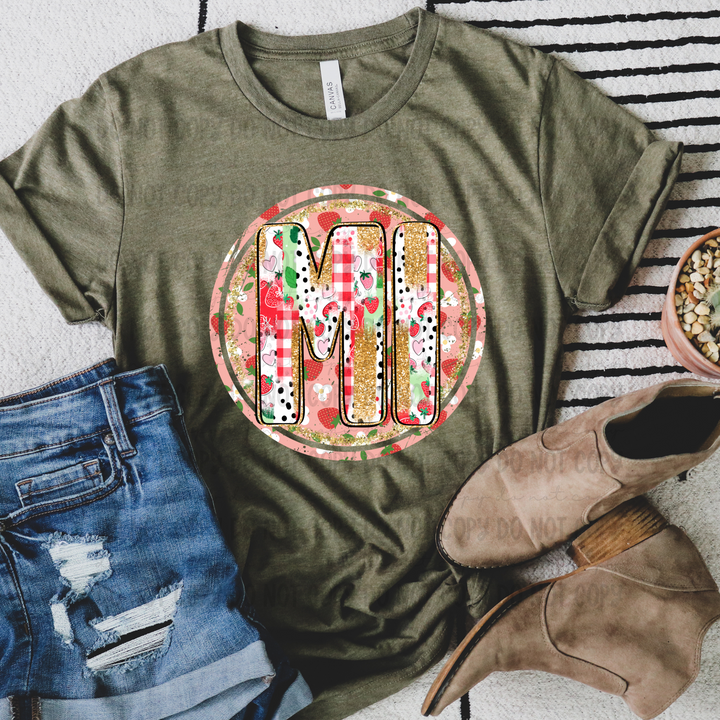 Strawberry Circle Gold States DTF Print