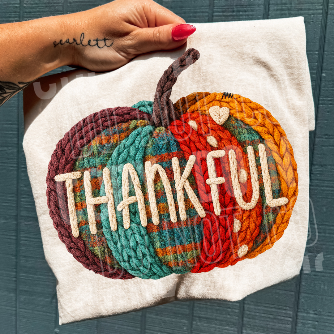 Thankful Plaid Pumpkin Yarn DTF Print