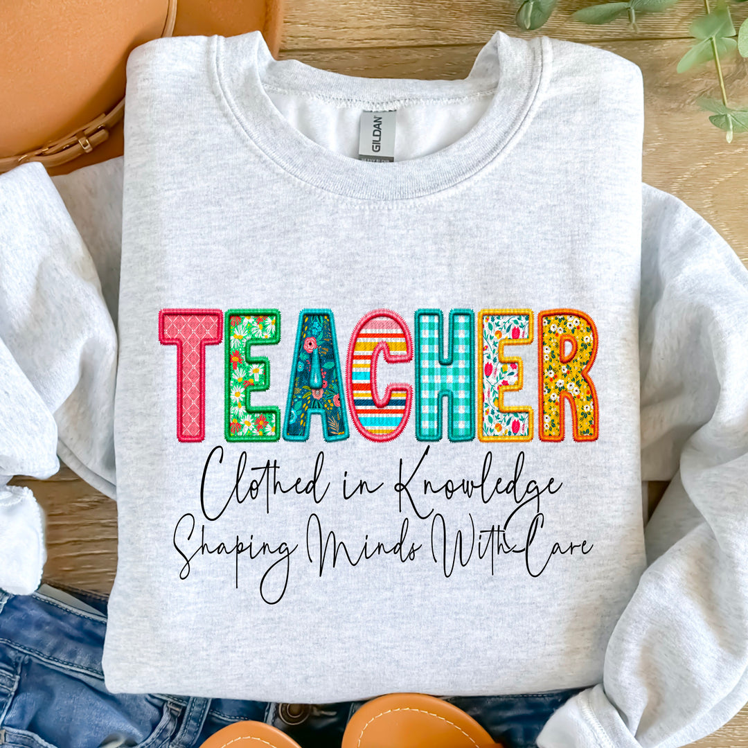 Teacher Clothed In Knowledge Faux Embroidered DTF Print