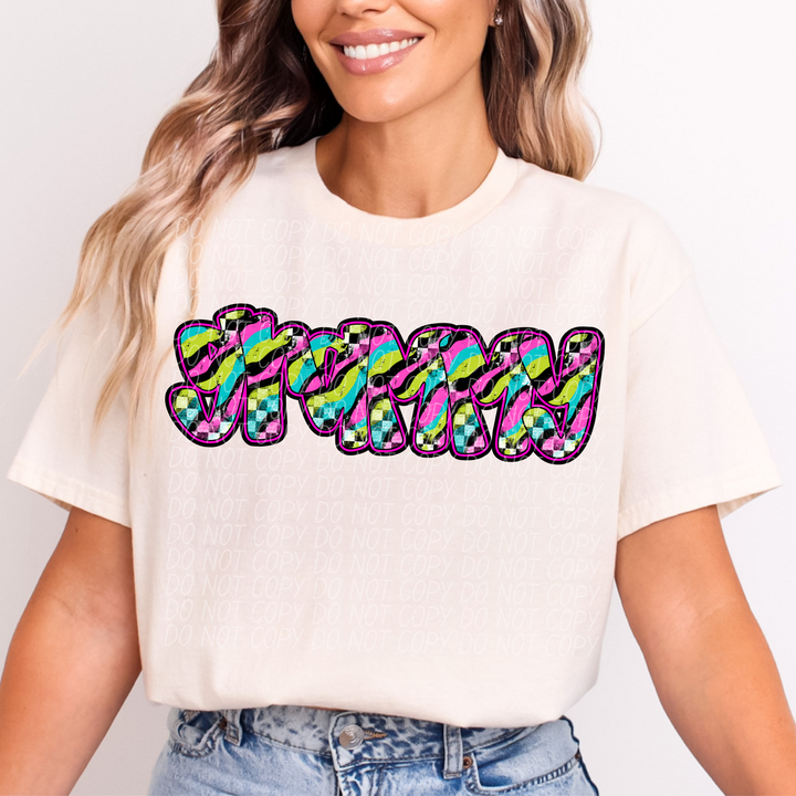 Neon Checker Names DTF Print