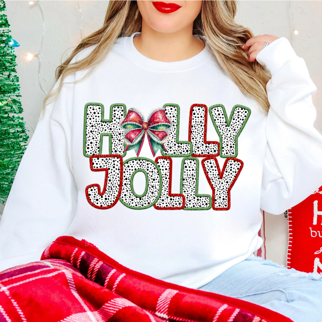 Holly Jolly Bow Faux Embroidery DTF Print