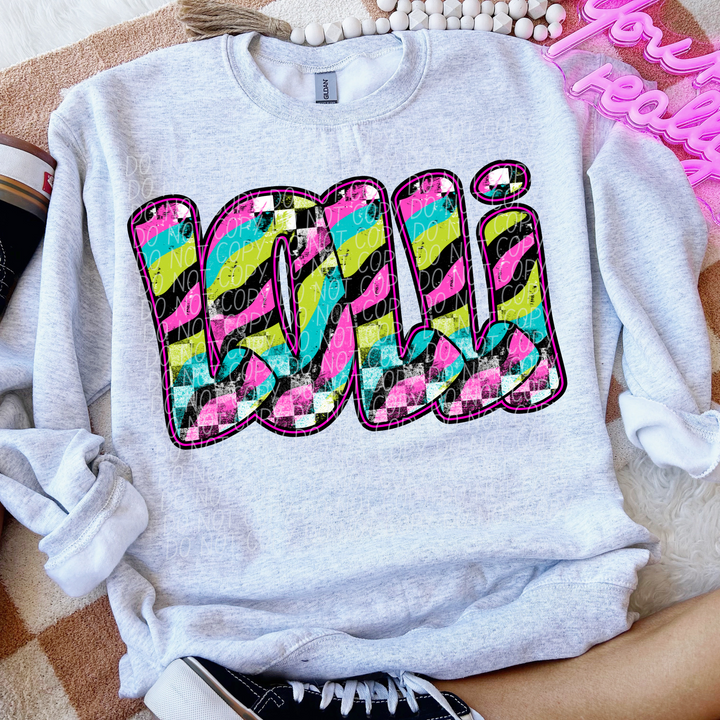Neon Checker Names DTF Print