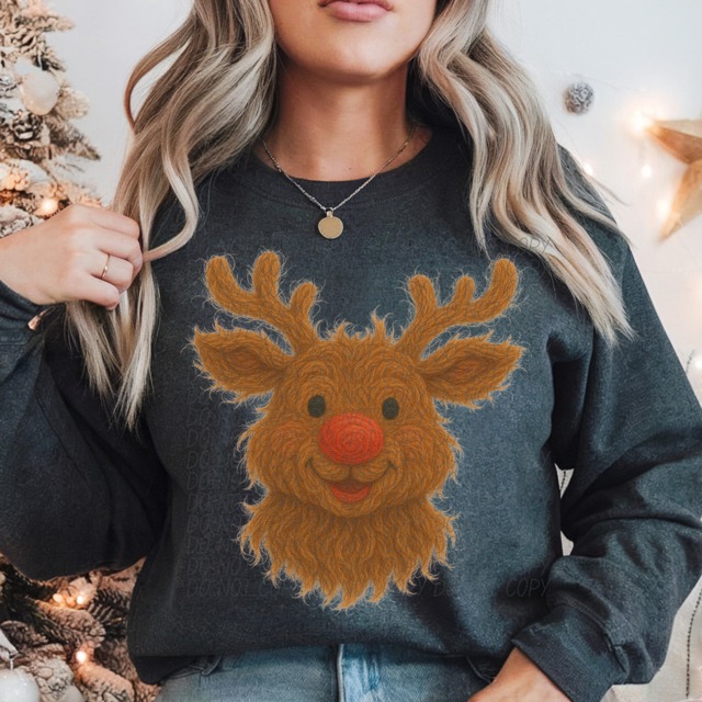Faux Yarn Fuzzy Rudolph DTF Print