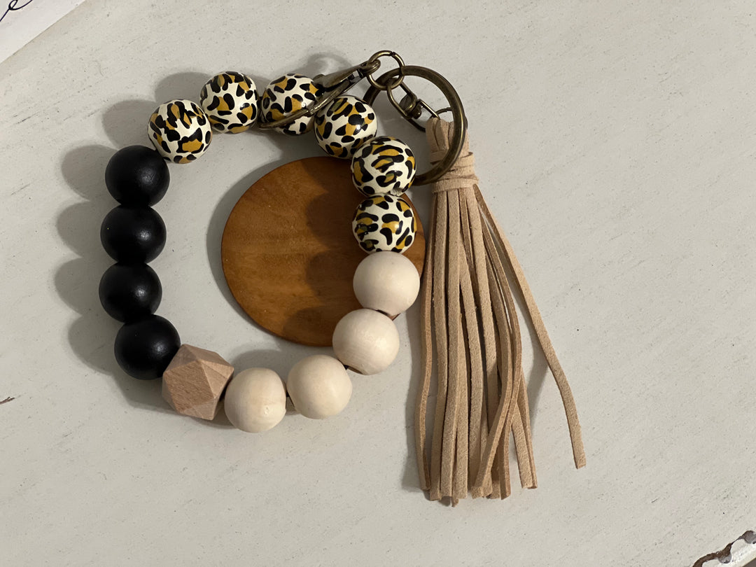 Fall Leopard Print Wooden Bead Keychain