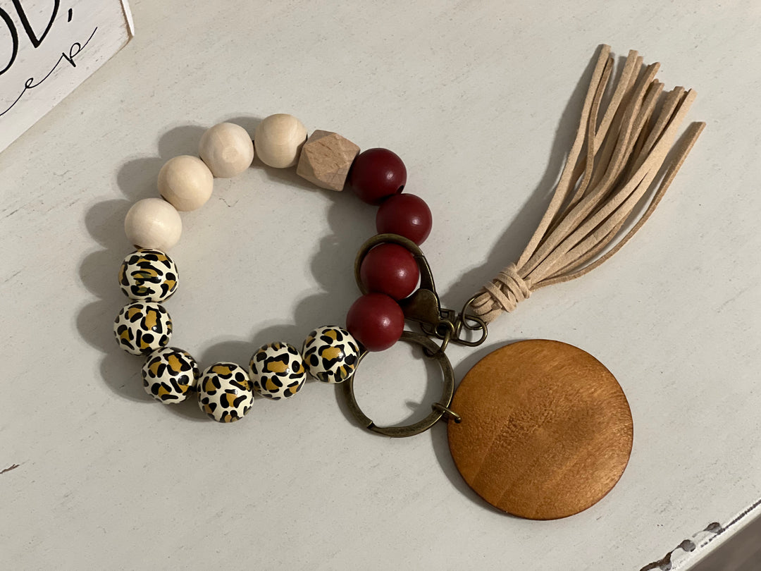 Fall Leopard Print Wooden Bead Keychain