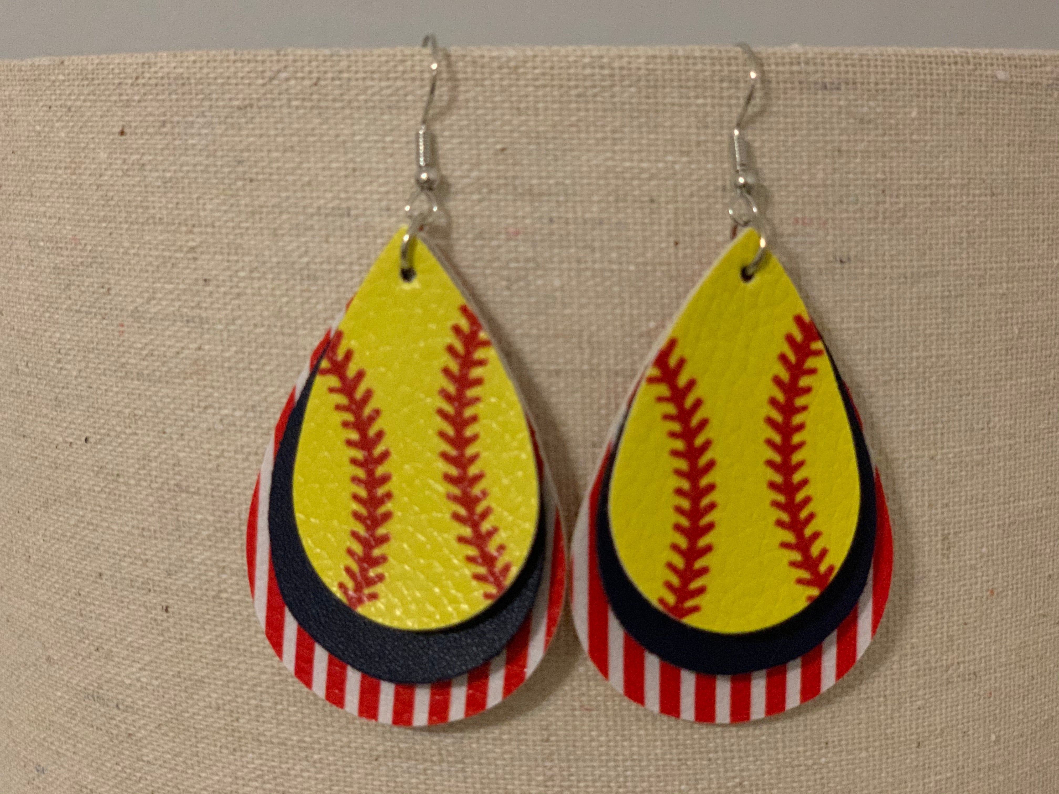 RTS PU Leather Teardrop Baseball / Softball Fashion Earrings
