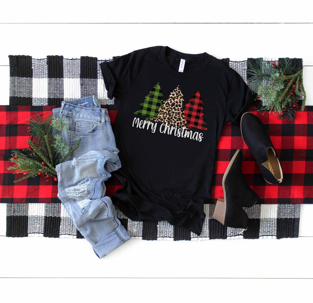 Merry Christmas Distressed Plaid and Leopard Screen Print YOUTH MN21