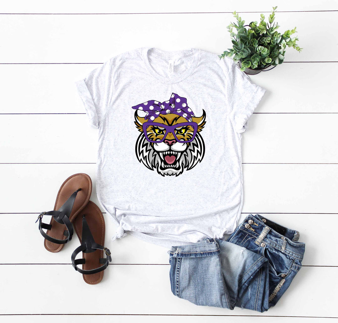 Wildcat Mascot in Purple Glasses and Bandanna Screen Print High Heat (soft) Transfers RTS